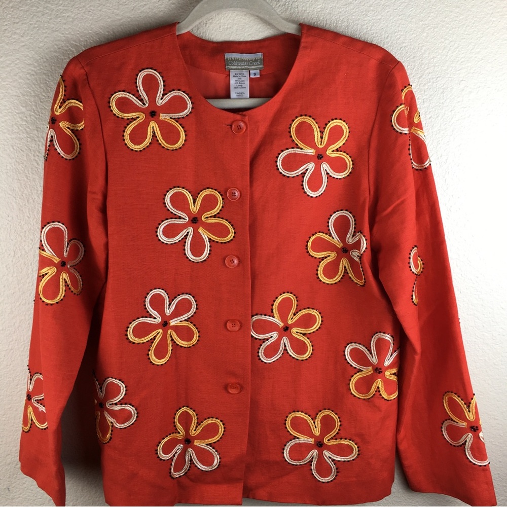 Coldwater Creek Women's Bright Orange Linen Rayon Floral Beaded Jacket Size S